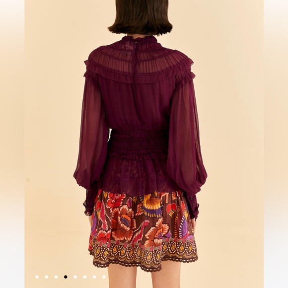 FARM RIO Burgundy Ruffle High Neck Blouse NWOT S - Picture 8 of 15